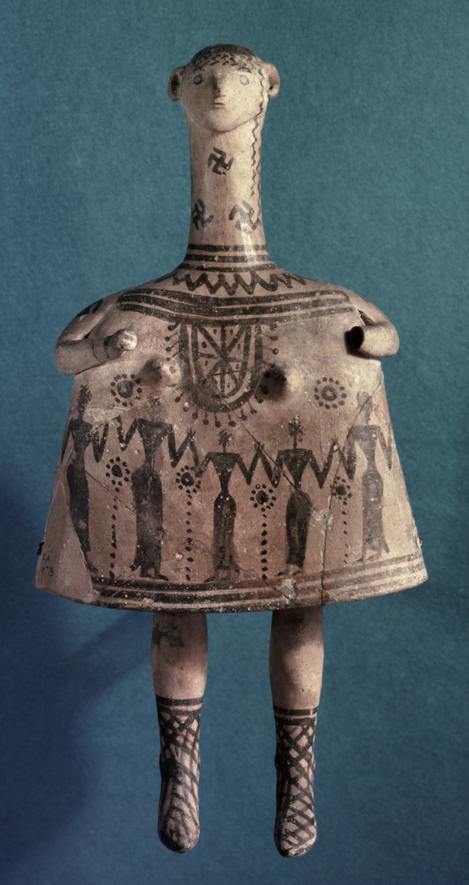 Klokke-idol, fra Theben, Boeotia, ca. 700 f.Kr. (malet sten) af Greek