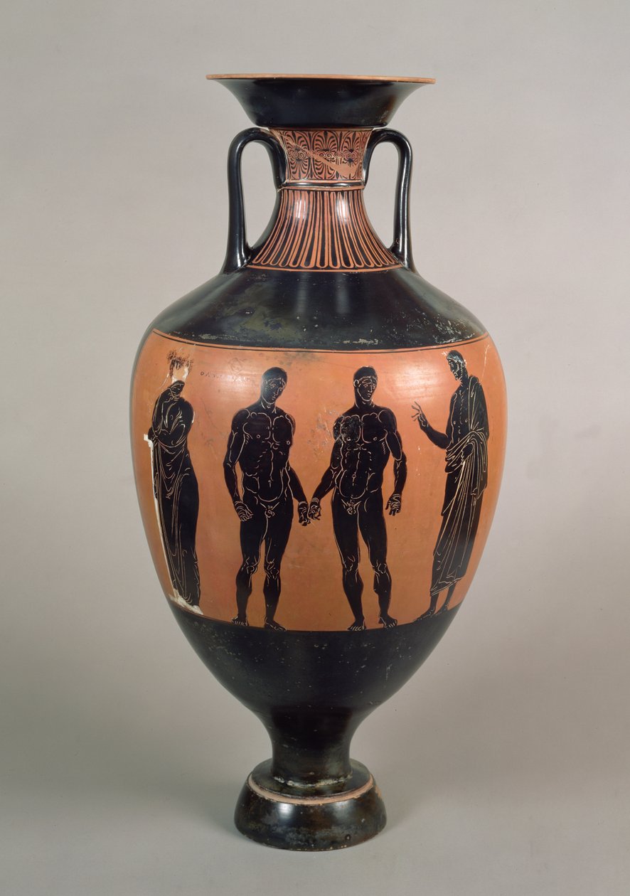 Panathenaisk præmieamfora med sort figur, forestillende to boksere, en træner og Olympias, Attic, Græsk, 340-339 f.Kr. (keramik) (se også 120115) af Greek