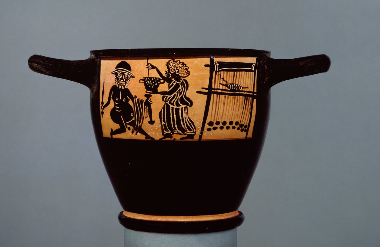Boeotisk skyphos med sort figur, dekoreret med en scene, hvor Odysseus fik en bedøvet drik af Circe, fra Mystae-malerens værksted, fra Theben, Boeotia, slutningen af det 5. århundrede f.Kr. (keramik) (r af Greek
