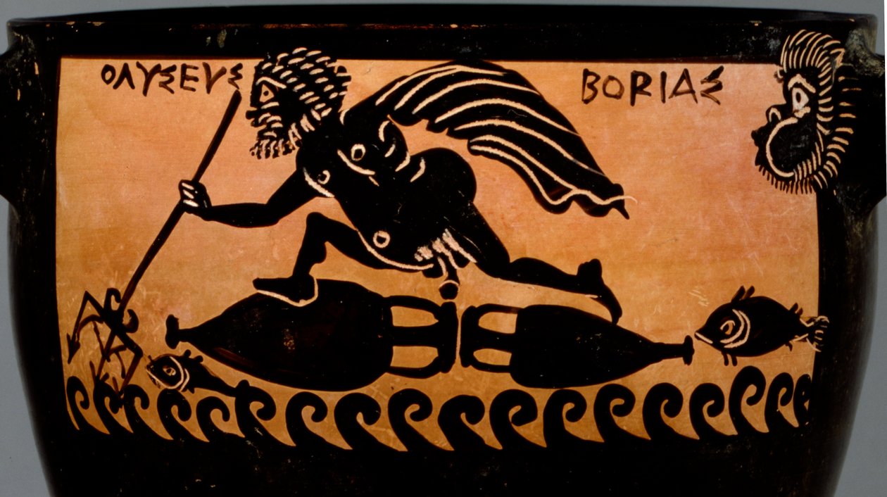 Boeotisk skyphos med sort figur, dekoreret med en scene af Odysseus, der blæses hen over havet af Boreas, fra Mystae-malerens værksted, Theben, Boeotia, slutningen af det 5. århundrede f.Kr. (keramik) (detalje af Greek