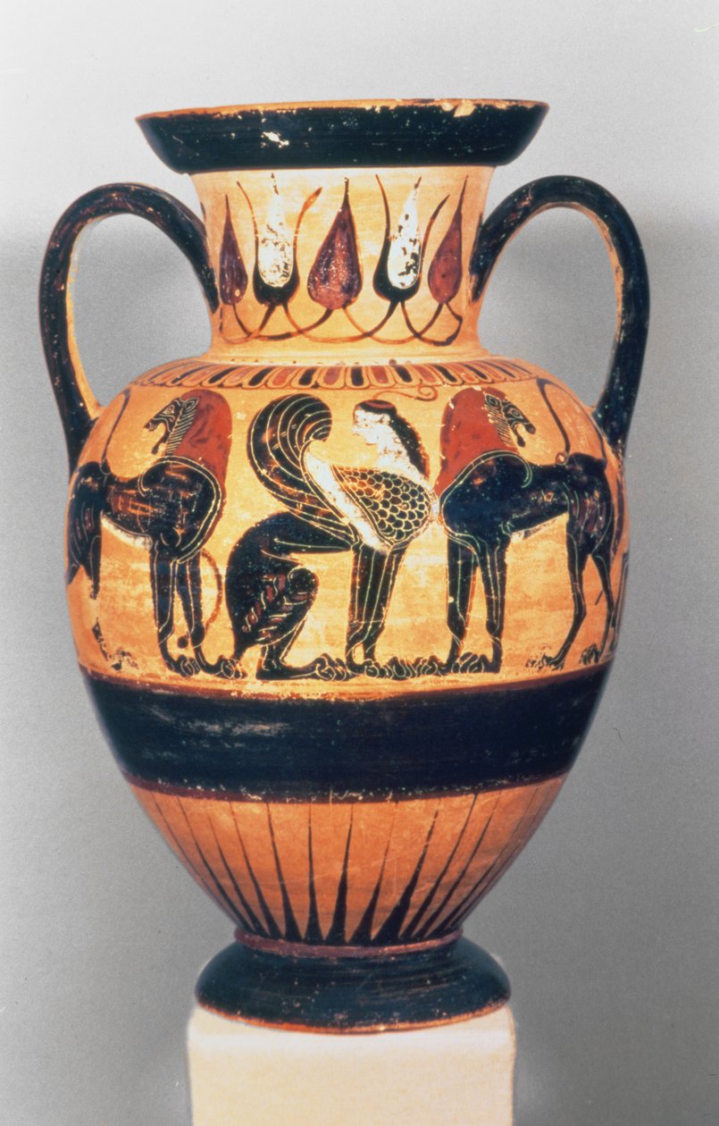 Chalcidian sort figur amfora afbilder en sfinx flankeret af to løver, af Polyphemus Maleren, 540-30 f.Kr. (keramik) af Greek