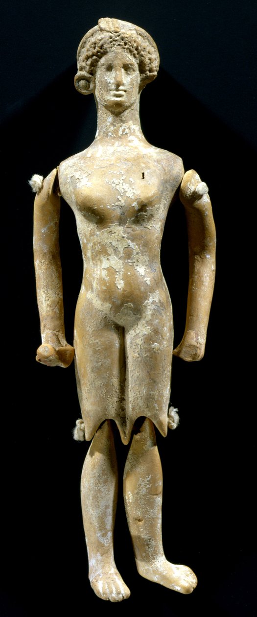 Børnedukke med bevægelige lemmer (plangona) Loftværksted, 430-420 f.Kr. (ler) af Greek