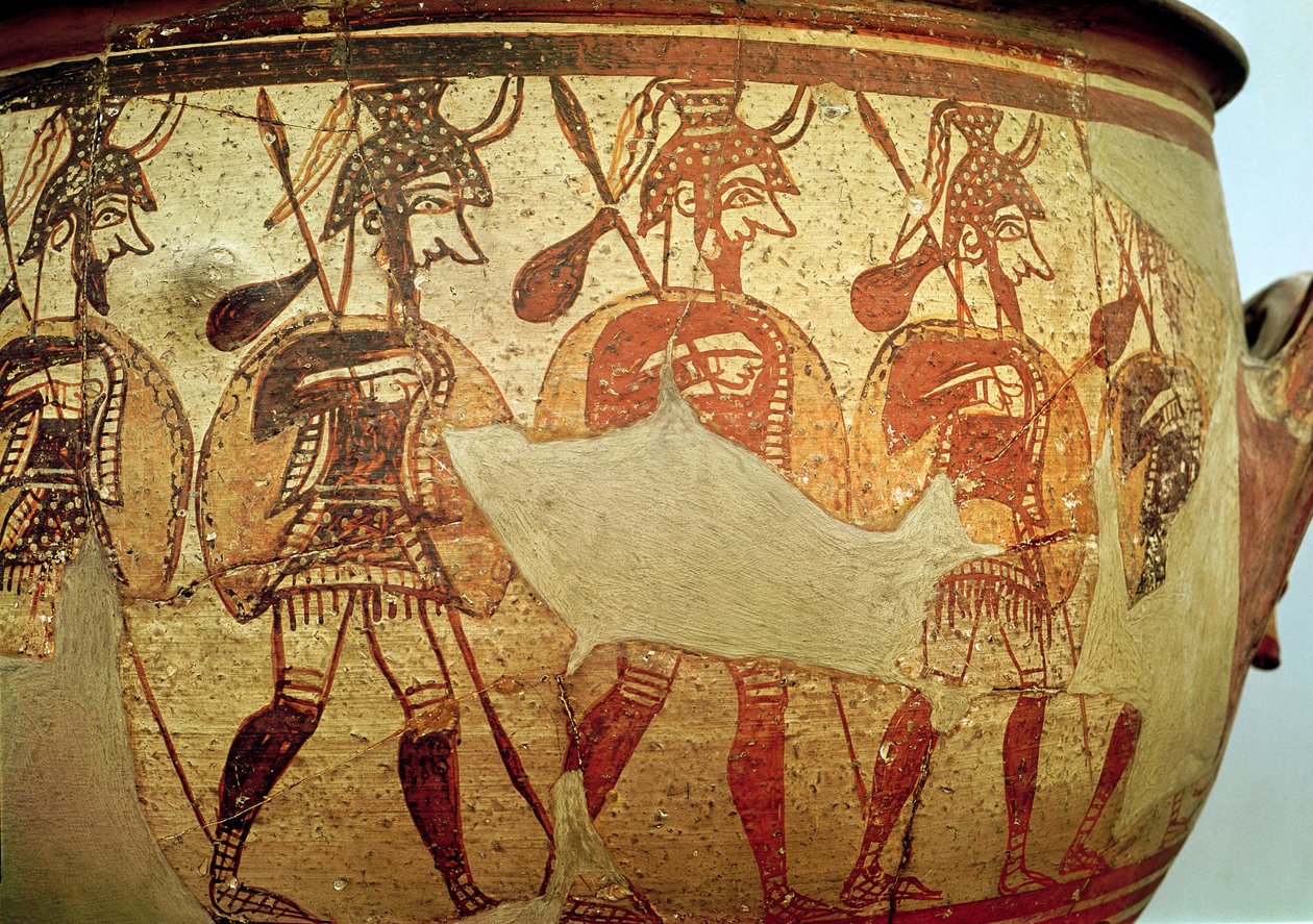 Detalje af et rødt krater, der forestiller krigere, Rhodos, keramik fra det 13.-12. århundrede f.Kr. af Greek