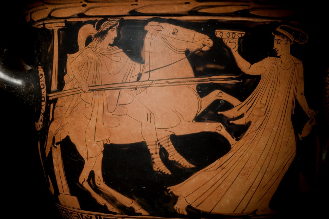 Detalje af et loftsrødt klokkekrater, ca. 440 f.Kr. terracotta se 270383 af Greek
