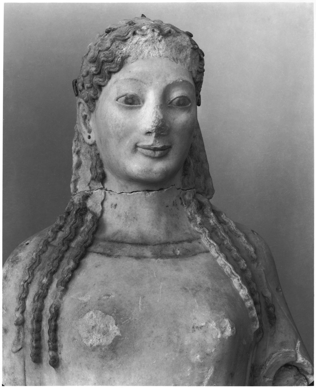 Kore kendt som Kore iført en peplos, buste (detalje) ca. 540 f.Kr. (se også 148401, 345950, 345951) (marmor) af Greek