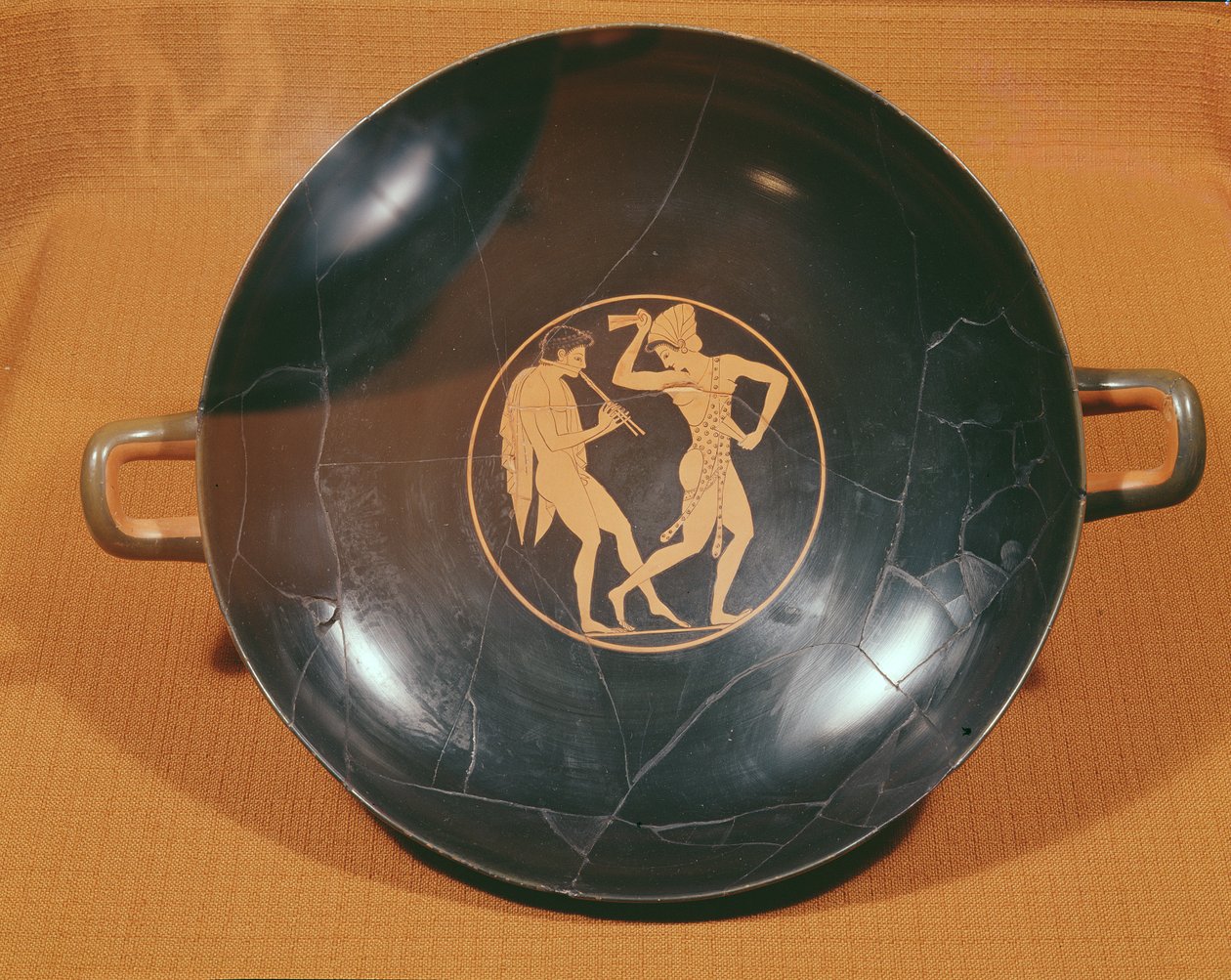 Kylix forestiller en fløjtespiller og en danser, ca. 520-10 (keramik) af Greek