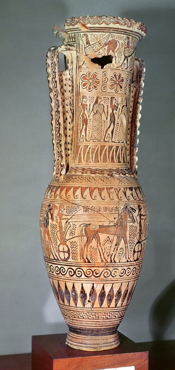 Loutrophoros med en sfinx, forskellige figurer og en parade af stridsvogne, protoattisk, ca. 690 f.Kr. (keramik) af Greek