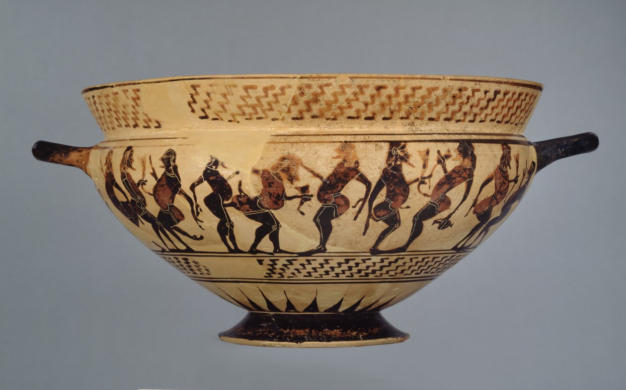 Midtkorinthisk bæger dekoreret med seksten polstrede dansere eller komaster, muligvis fra Cerveteri, ca.600-575 (keramik) af Greek