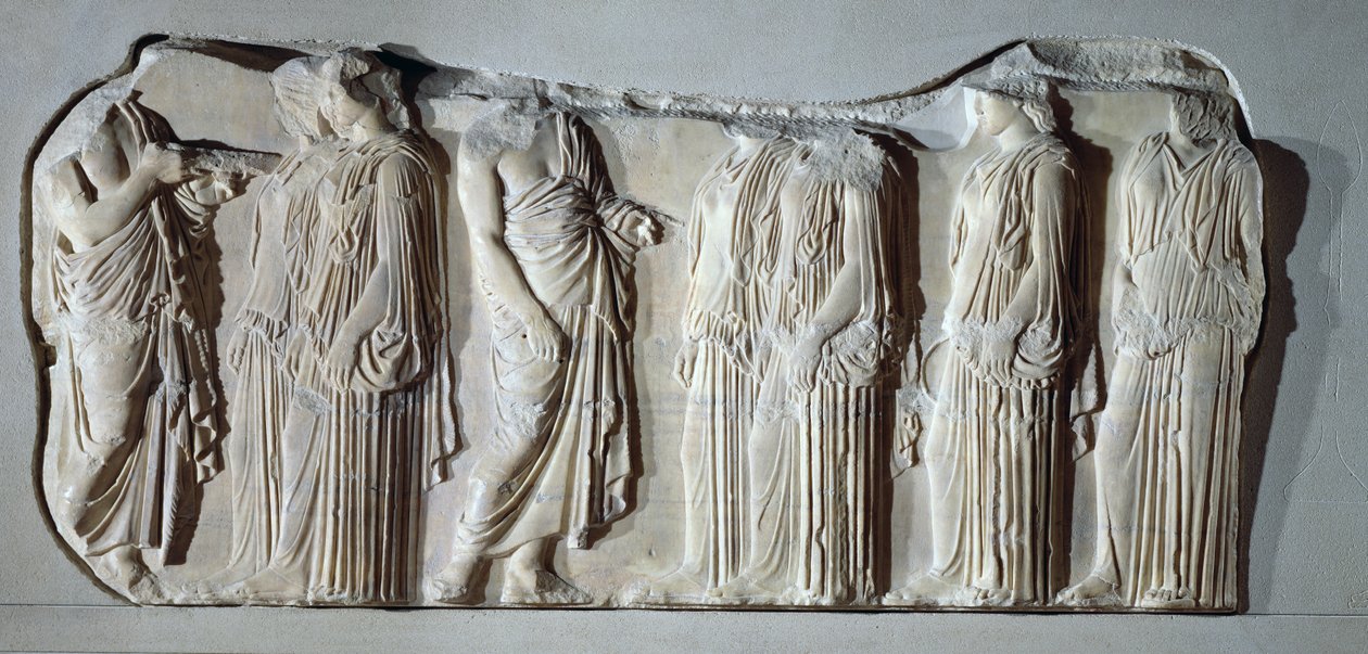 Arrangører og ergastiner (peplos-bærere), udsnit af den store panathenæiske procession fra Parthenons østfrise, ca.442-438 f.Kr. (marmor) af Greek