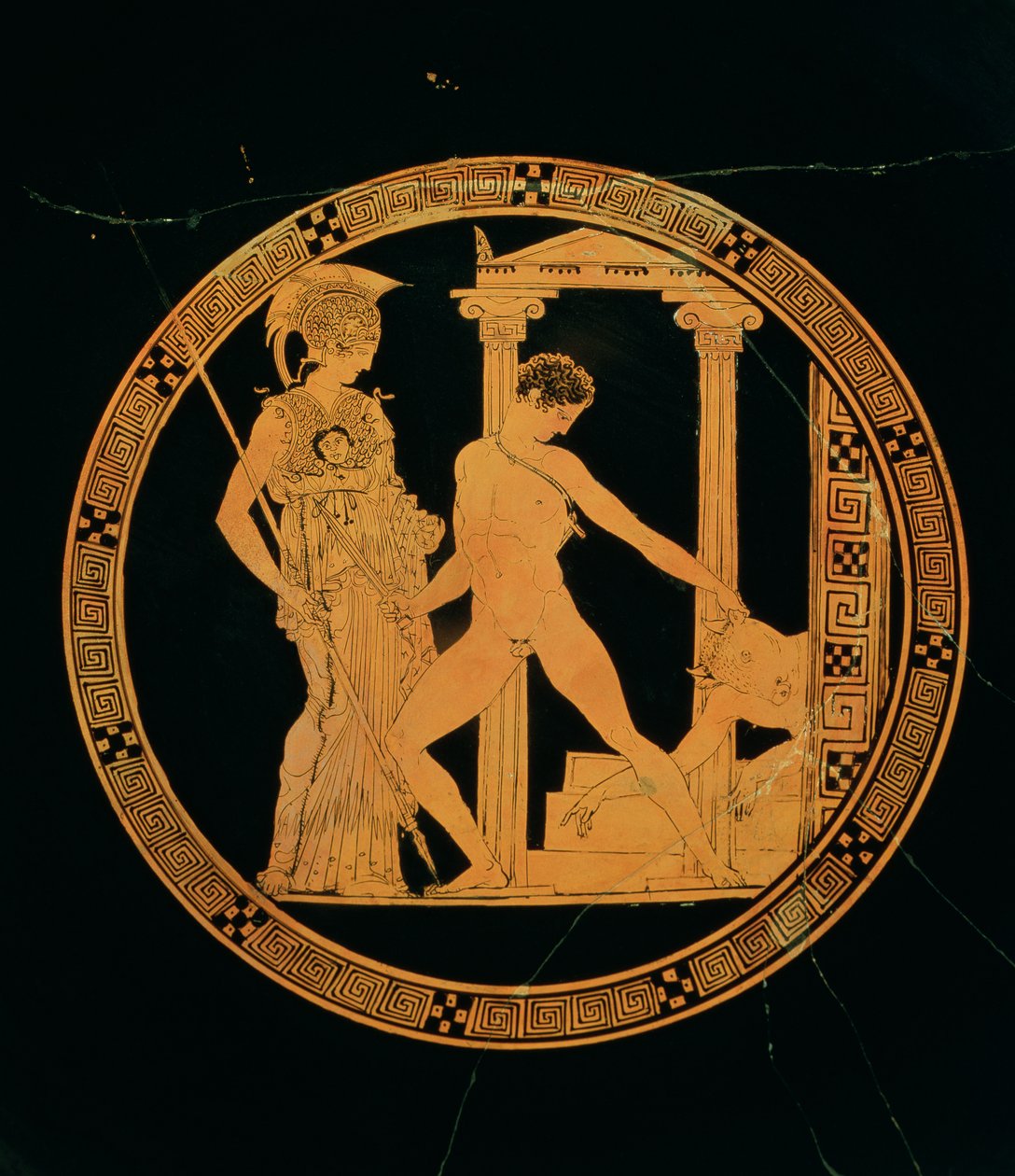 Bæger med røde figurer, der forestiller Athene, Theseus og Minotaurus (keramik) af Greek