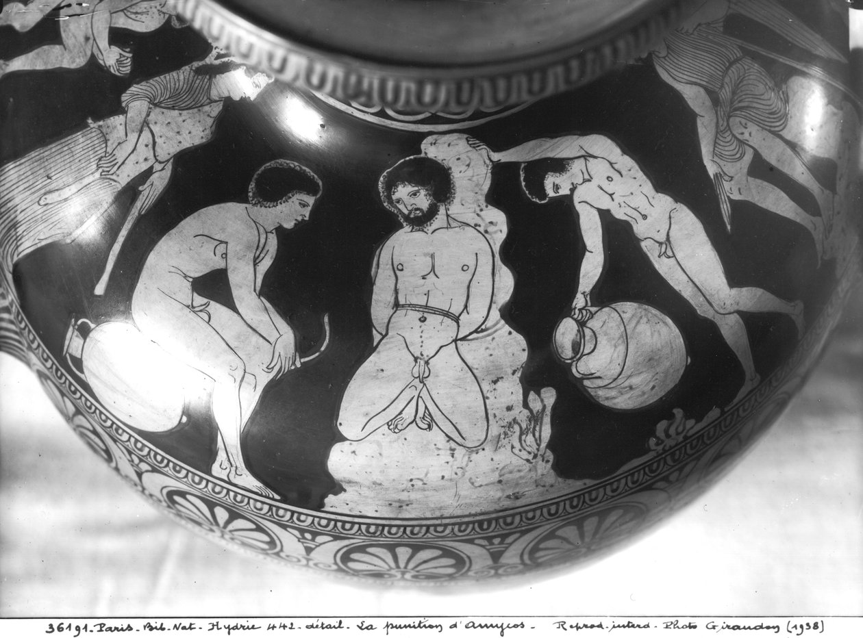 Hydria med rød figur, der skildrer Amycus