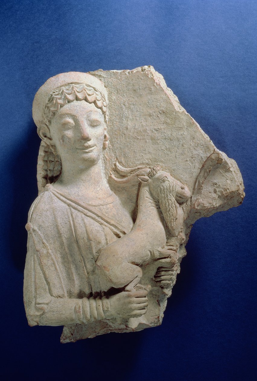 Relief af en kvinde, der holder en ged, arkaisk periode, ca. 500 f.Kr. (terracotta) af Greek