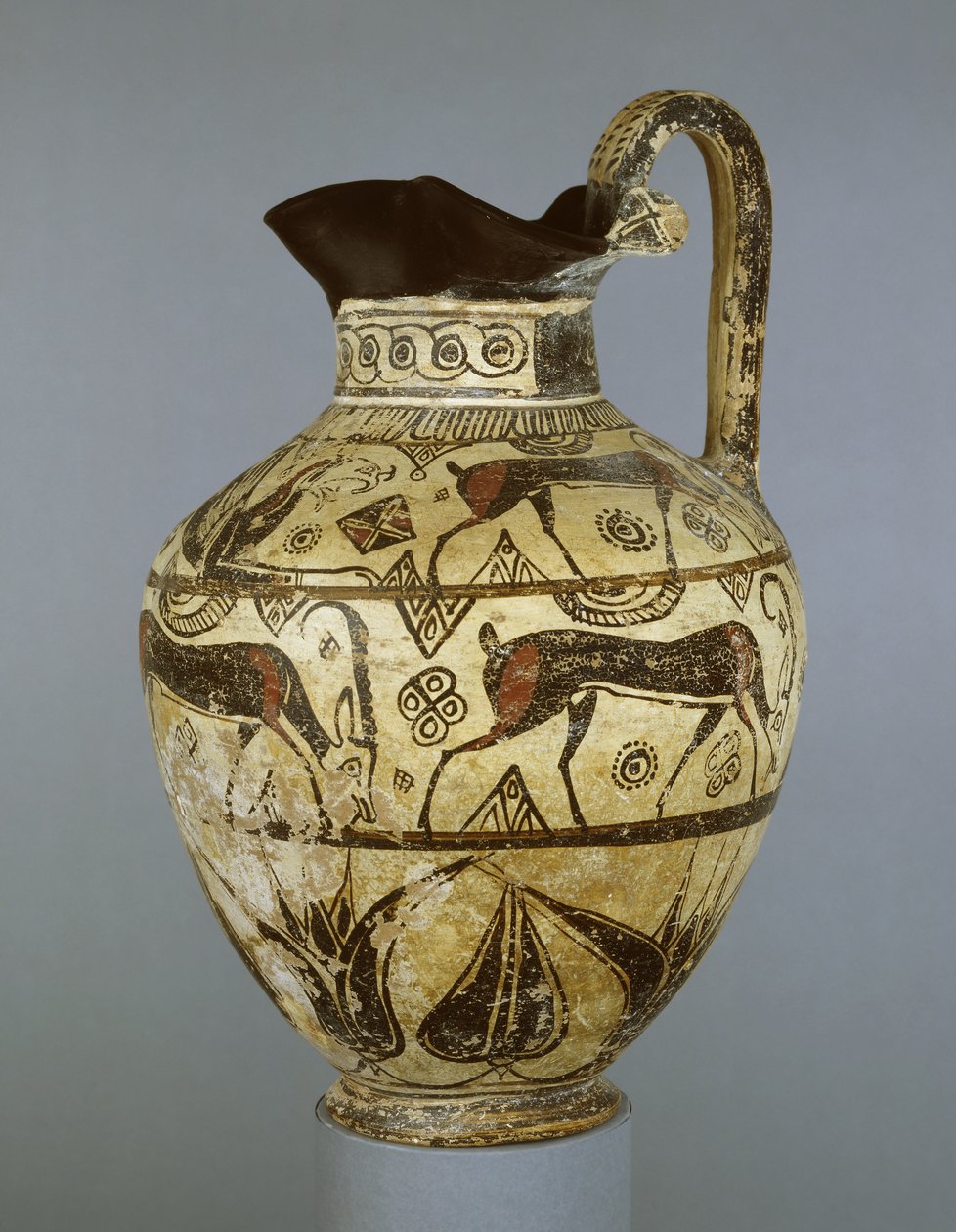 Rhodisk oinochoe i midten af vild gedestil, fra Rhodos, ca. 600 f.Kr. (keramik) af Greek