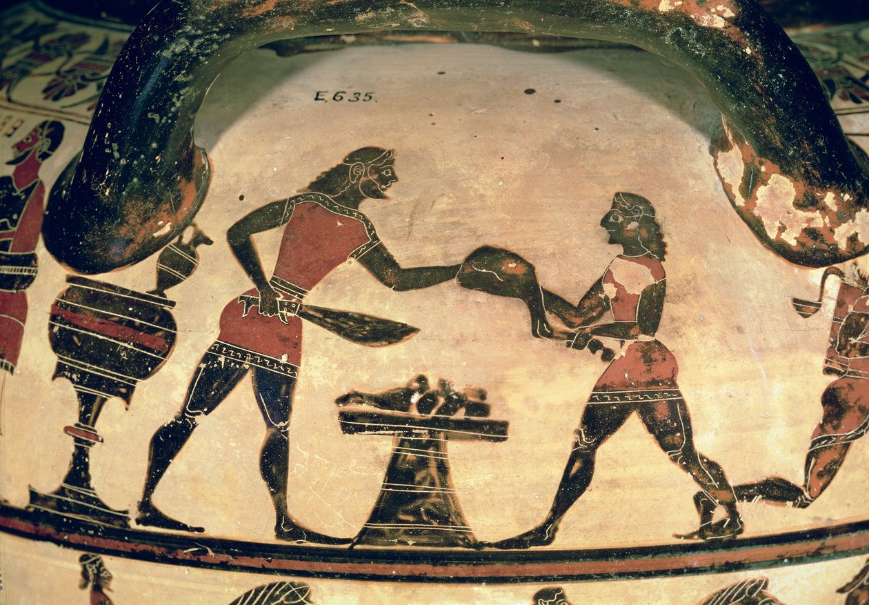 Tjenere, der forbereder mad til et symposium, detaljer fra en tidlig korinthisk sort-figur søjlekrater, fra Cerveteri, ca. 600 f.Kr. (keramik) (se også 92578) af Greek
