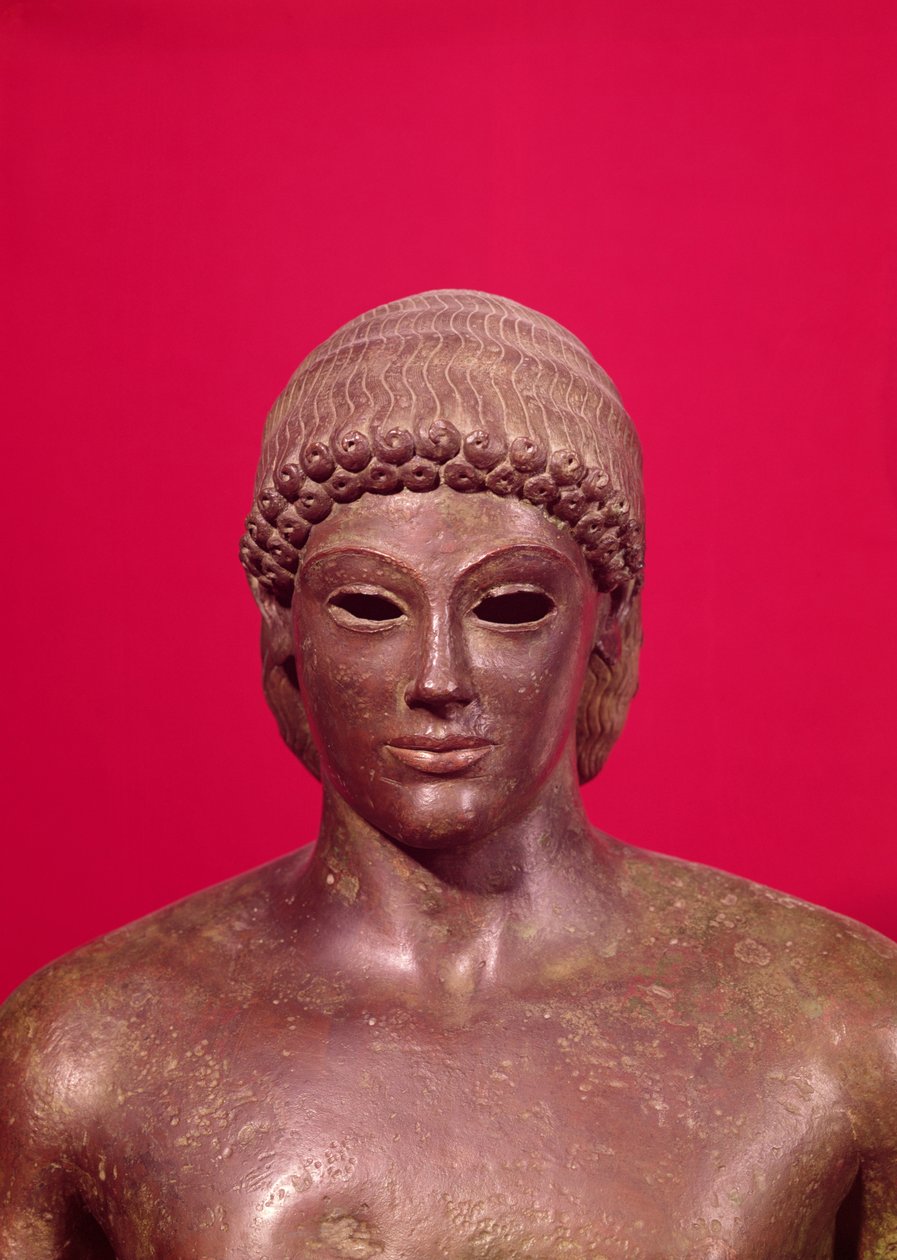 Apollo af Piombino, detalje af statuens hoved, fundet i Benevento, græsk, ca. 480 f.Kr. bronze se også 98014-16 & 177203 af Greek