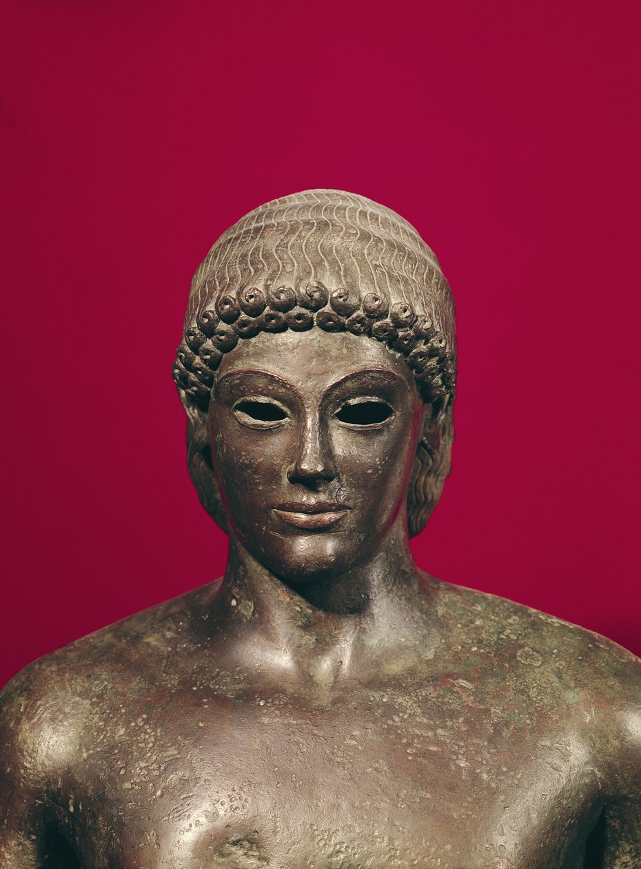 Apolloen af Piombino, hovedet af statuen, fundet i Benevento, græsk, ca. 480 f.Kr. (bronze) (se også 98014, 98015 og 177203) af Greek