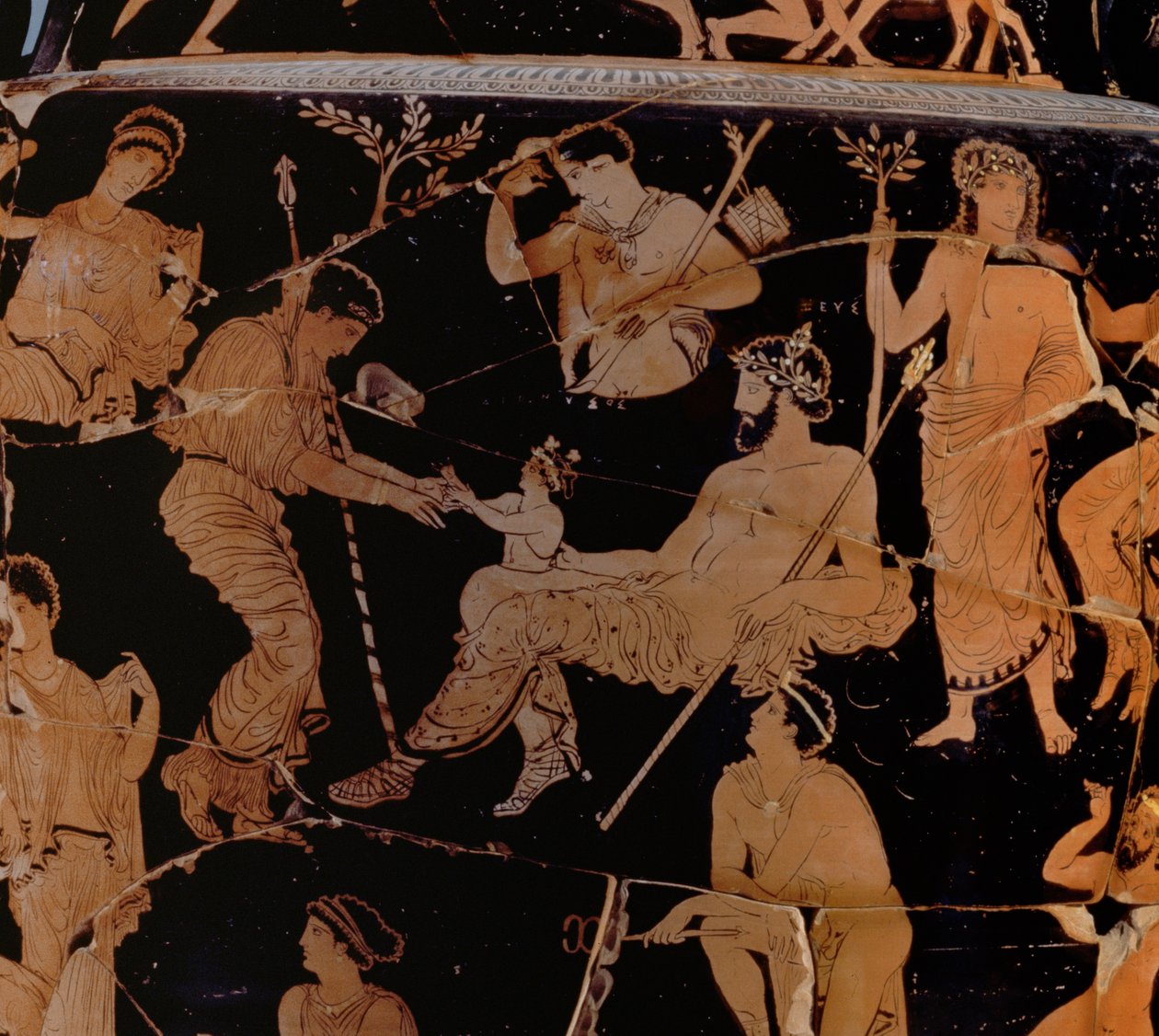 Dionysos fødsel, Proto-Apulian rødfigur krater, slutningen af 5. århundrede f.Kr. - tidligt 4. århundrede f.Kr. keramiske detaljer fra 153339 af Greek