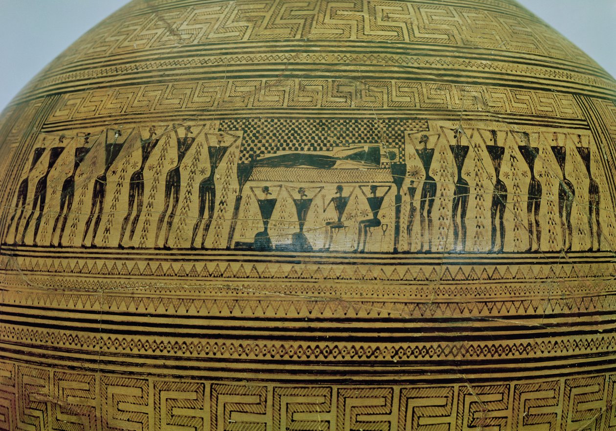 Dipylon Amphora, begravelsesurne i geometrisk stil fra Kerameikos Necropolis, detalje fra begravelsesscenen, Athen, ca. 750 f.Kr. terracotta se 88063 af Greek