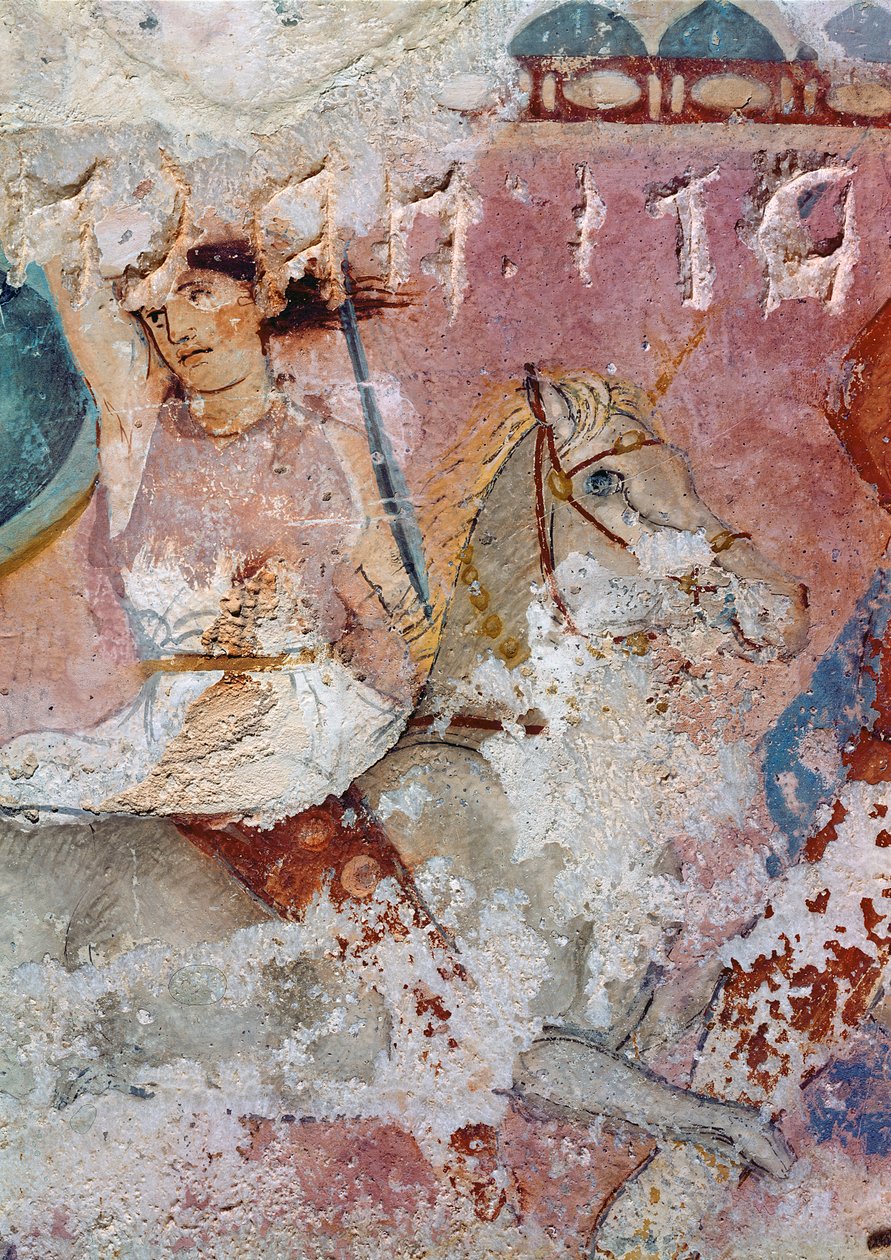 Amazonernes Sarkofag, detalje af en rytter, fra Tarquinia tempera på alabast af Greek