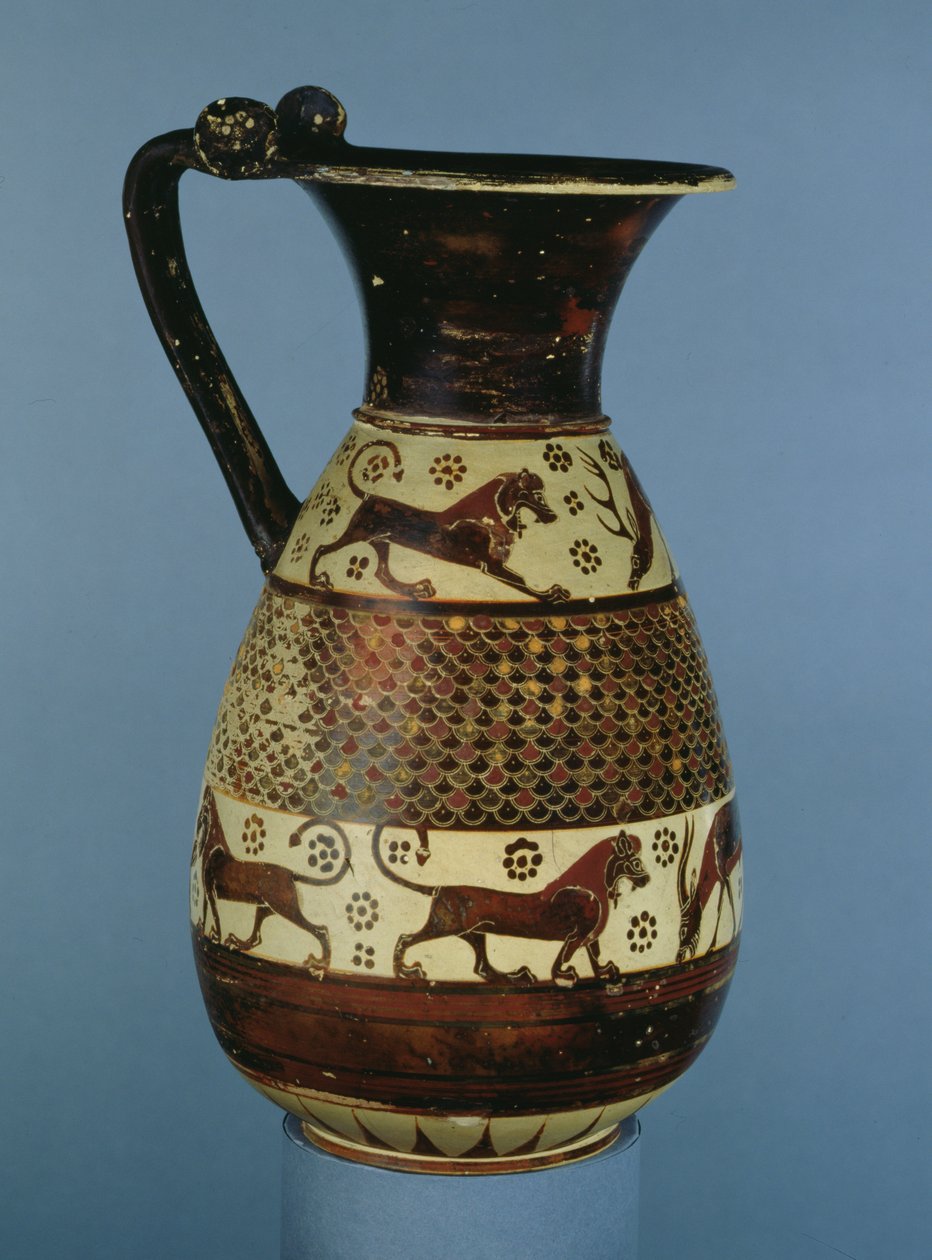Overgangsprotokolorinthisk-korinthisk olpe dekoreret med en dyrefrise, fra Camirus, Rhodos, ca. 640-625 f.Kr. (keramik) af Greek