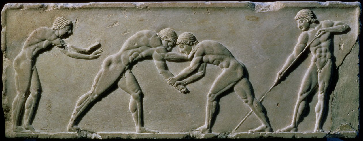 Unge mænd i brydning, fra en statuebase fundet på Dipylon Cemetery, Athen, ca. 510 f.Kr. (marmor) (se også 60008-9 og 60011) af Greek