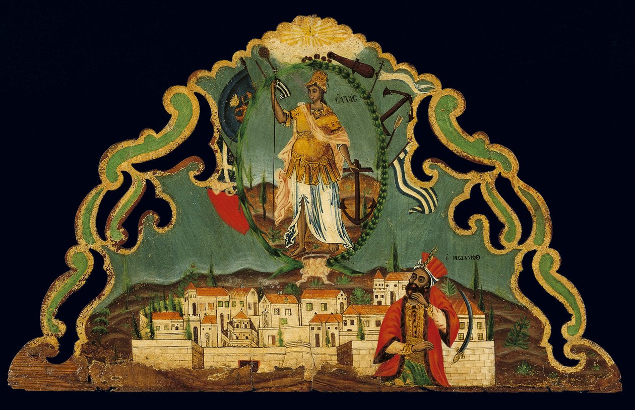 Pelmet, der afbilder Grækenlands genfødsel over en repræsentation af Konstantinopel, fra Syros, Kykladerne (ægtempera på træ) af Greek School