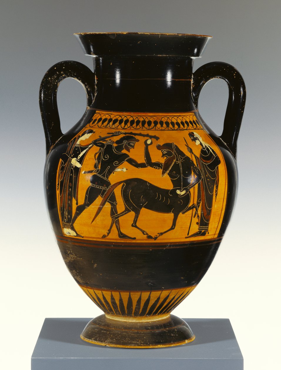Athensk attisk sort-figur panel-amfora type B med Herakles, der angriber kentauren, 530-20 f.Kr. (terracotta) af Greek