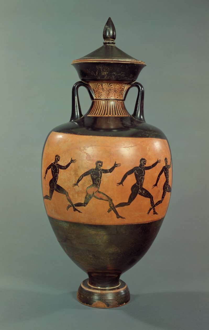 Attisk sortfigur panathenaisk amfora dekoreret med løbende mænd, 375-370 f.Kr. (keramik) af Greek