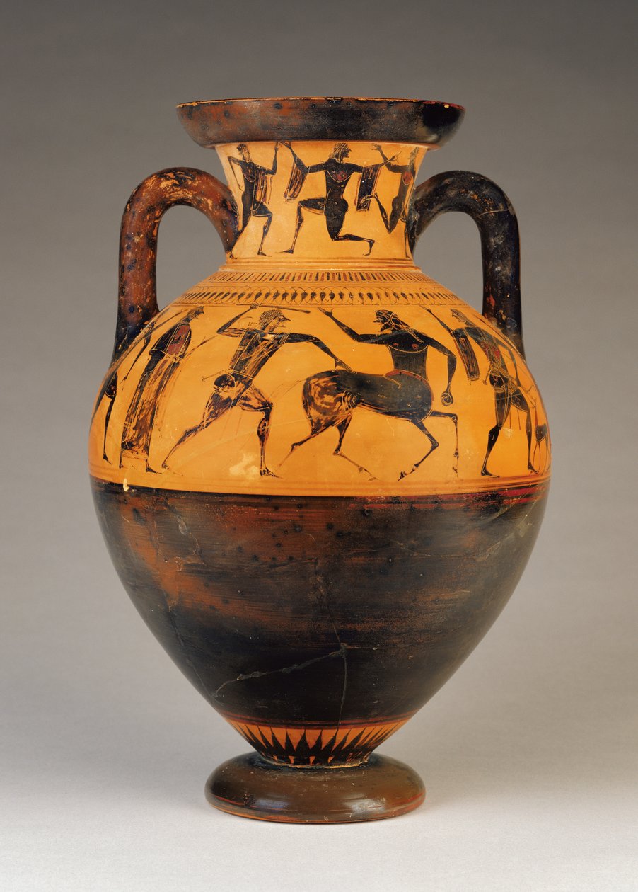 Attic sort-figur hals amfora med Herakles forfølger en kentaur, ca. 530 BC (terracotta) af Greek