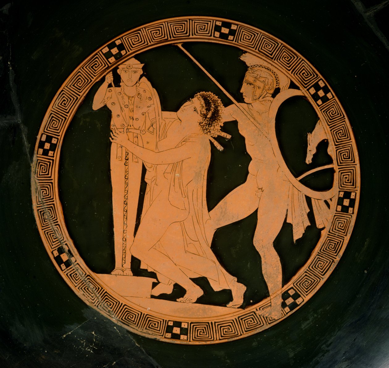 Attic rød-figur kop, der forestiller Cassandra jaget af Ajax, der søger tilflugt af en xoanon af Athena, ca. 430 f.Kr. (keramik) af Greek