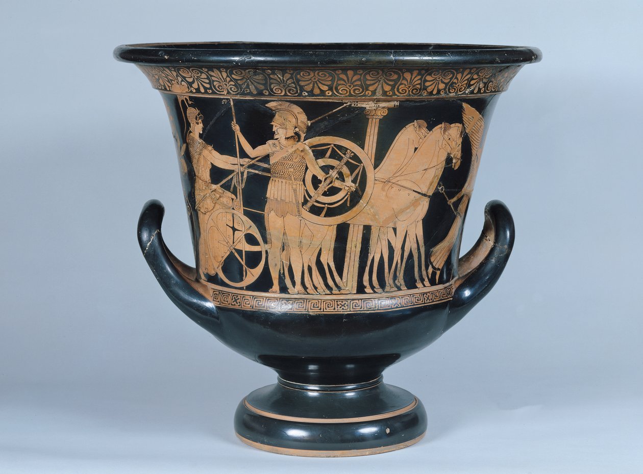 Attisk kalyxkrater med røde figurer, der forestiller en hoplite, der drager i krig (keramik) (se også 223268) af Greek