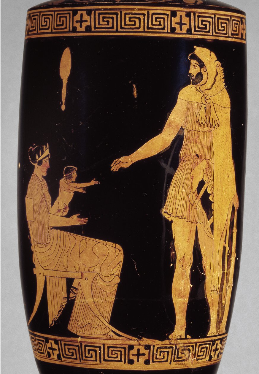 Lekythos med rødfigur fra attisk tid, der forestiller Herakles, keramisk detalje af 100581 af Greek