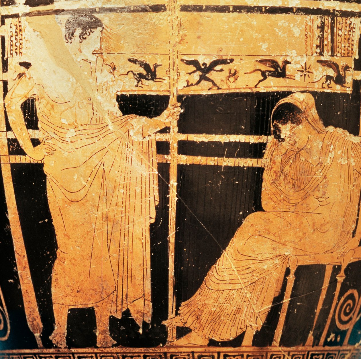 Attic skyphos af maleren af Thelemacus portrætterer Penelope og Telemachus (rødt keramik) af Greek