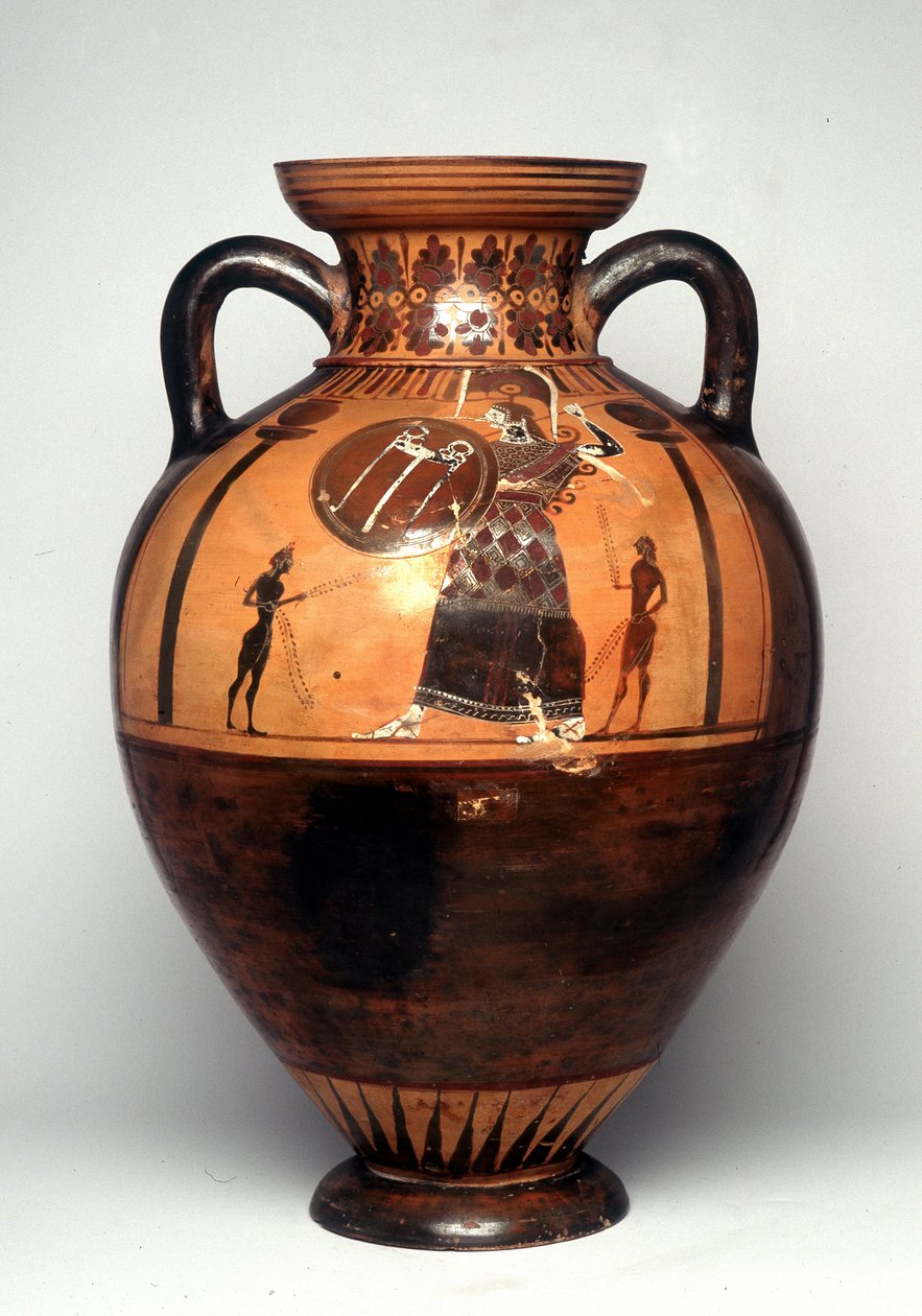 Sort figurvase, der forestiller Athene med et skjold og spyd, 550 f.Kr. (keramik) af Greek