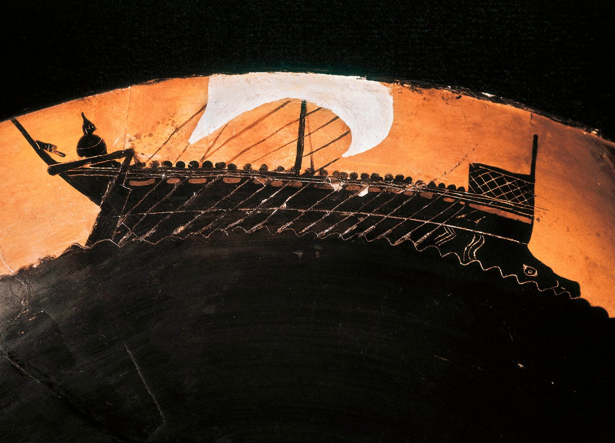 Antik sort-figur kop med repræsentation af et græsk skib. 5. århundrede f.Kr. BN, Paris. af Greek