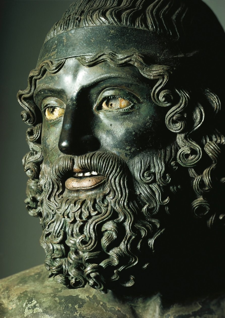 Detalje af hovedet af Statue A eller den yngre af Riace Bronzes (bronze) f.Kr af Greek