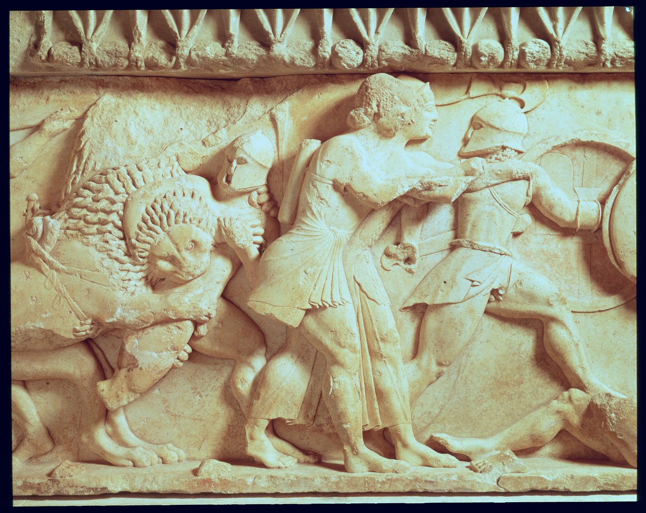 Detalje af den nordlige frise i det sifniske skatkammer, der viser guder i kamp mod jætter, ca. 525 f.Kr. marmor af Greek