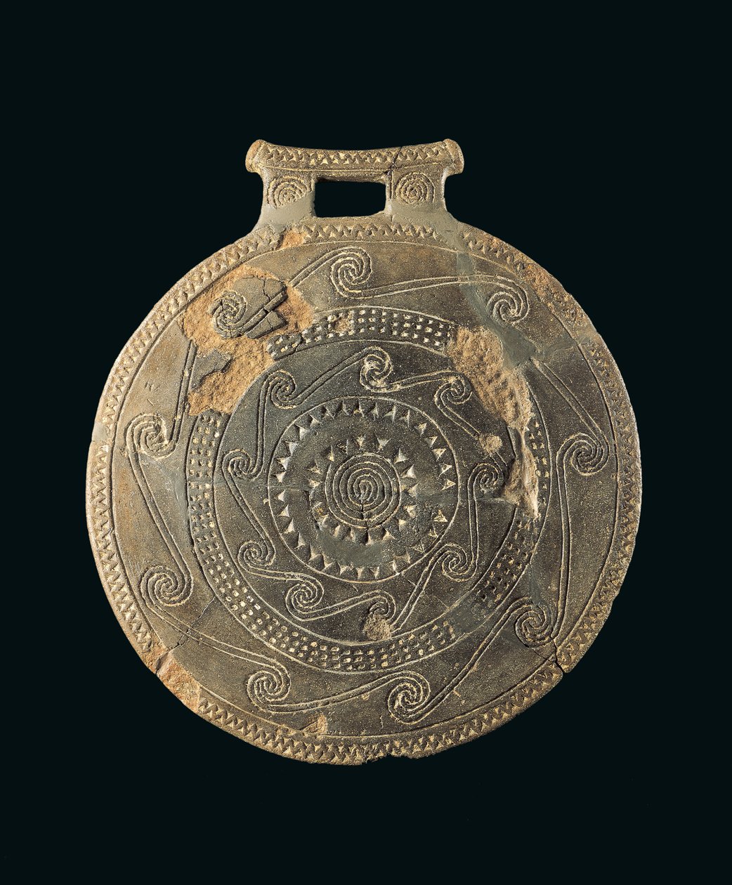 Stegepandebeholder med løbende spiraler og trekanter, fra Euboea (Evvoia) Tidlig kykladisk I-II periode, Kampos fase (2800-2700 f.Kr.) (ler) af Greek