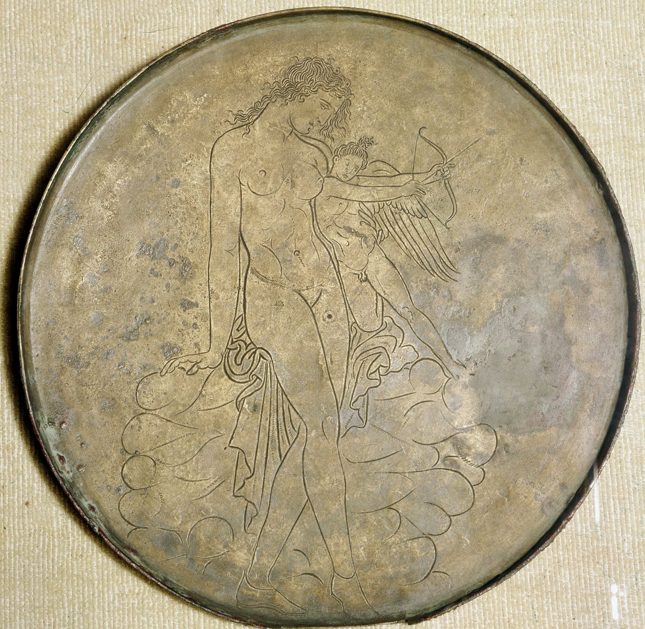 Græsk kunst: "" Afrodite og Eros"" Bronzespejl. 350 f.Kr., Louvre-museet af Greek