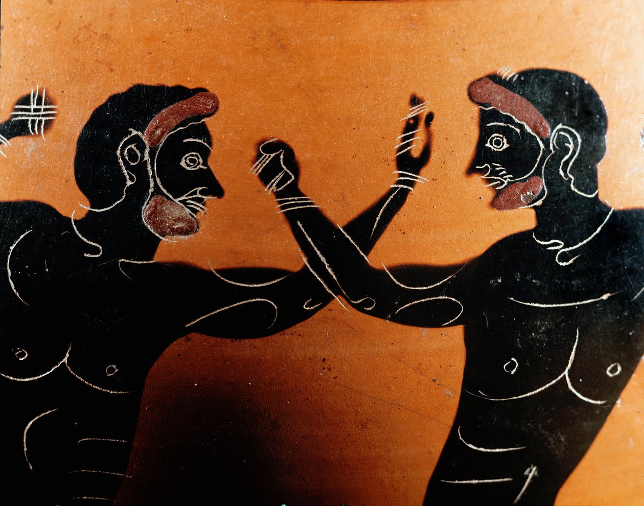 Græsk kunst: Panathenaisk Terracotta amfora: detalje, der skildrer et slag ved pugilat. Vulci-krigerens grav. 6. århundrede f.Kr. Rom, Villa Giulia Nationalmuseum af Greek