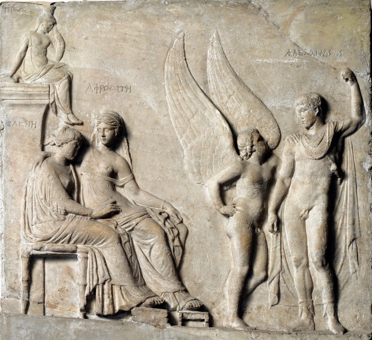 Græsk kunst: "" Prinsen af Sparta Paris seduit Helene af Troja, Afrodite er repræsenteret""" Marmorrelief fra en græsk original. 1. århundrede f.Kr. Museo Archeologico Nazionale, Napoli - Paris, prins af Sparta og Helen af Troja, med Aphrodite - Marmor rel af Greek