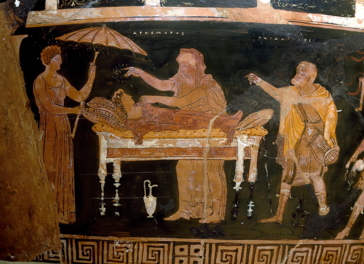 Græsk kunst: Vase of Arhemore: Arhemores begravelse (Opheltes) Maleri af maleren af ​​Darius. Fra Ruvo. 4. århundrede f.Kr. Nationalt arkæologisk museum, Napoli af Greek