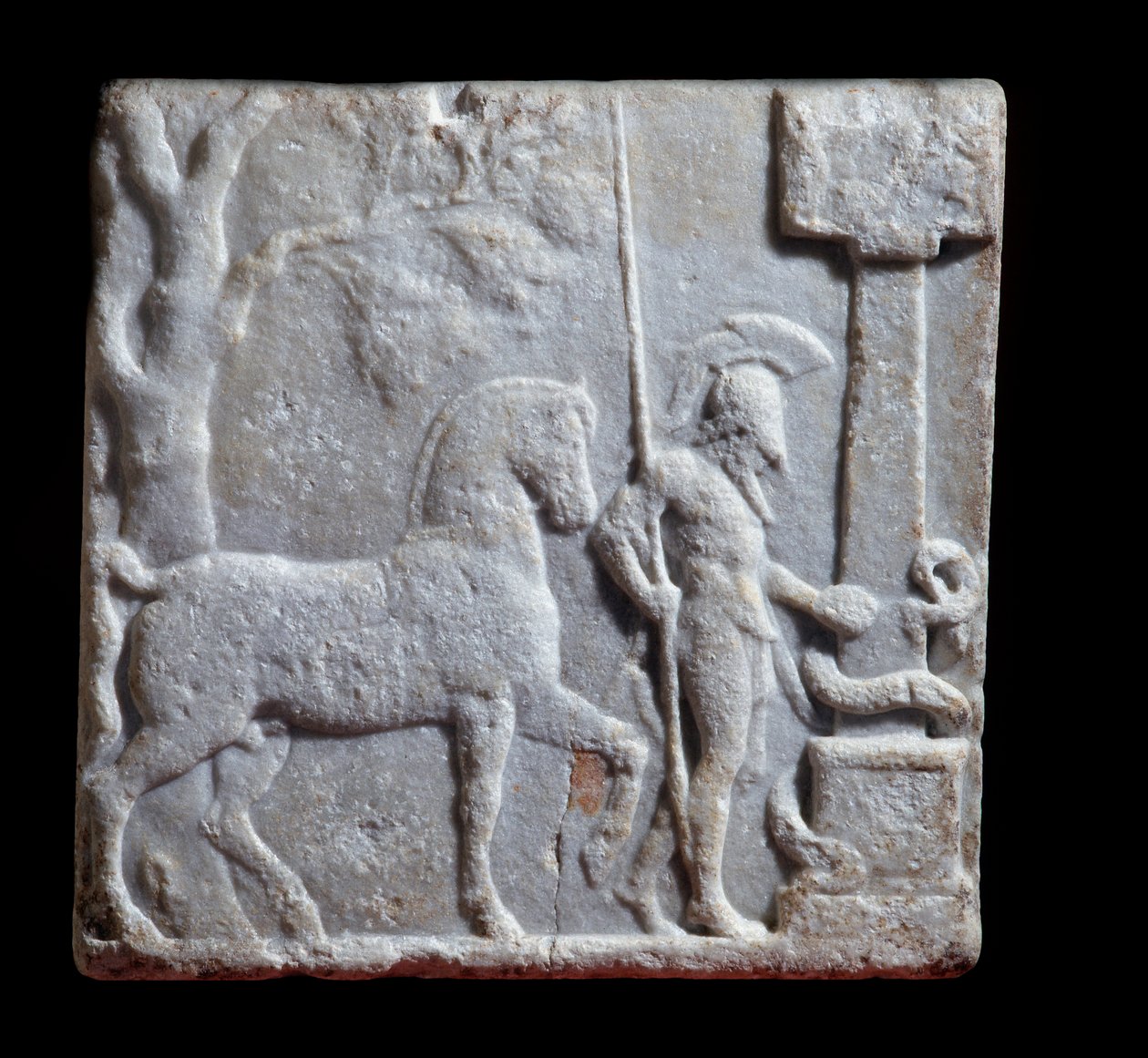 Græsk kunst: marmorstele dekoreret af en rytter med sin hest, slutning 2. - begyndelsen af 1. århundrede f.Kr., Dim 52x52x9 cm Mantua - Palazzo Ducale, Coll statuaria, inv n 6669 - Græsk kunst: marmorstele med relief, der repræsenterer en rytter og en hest af Greek