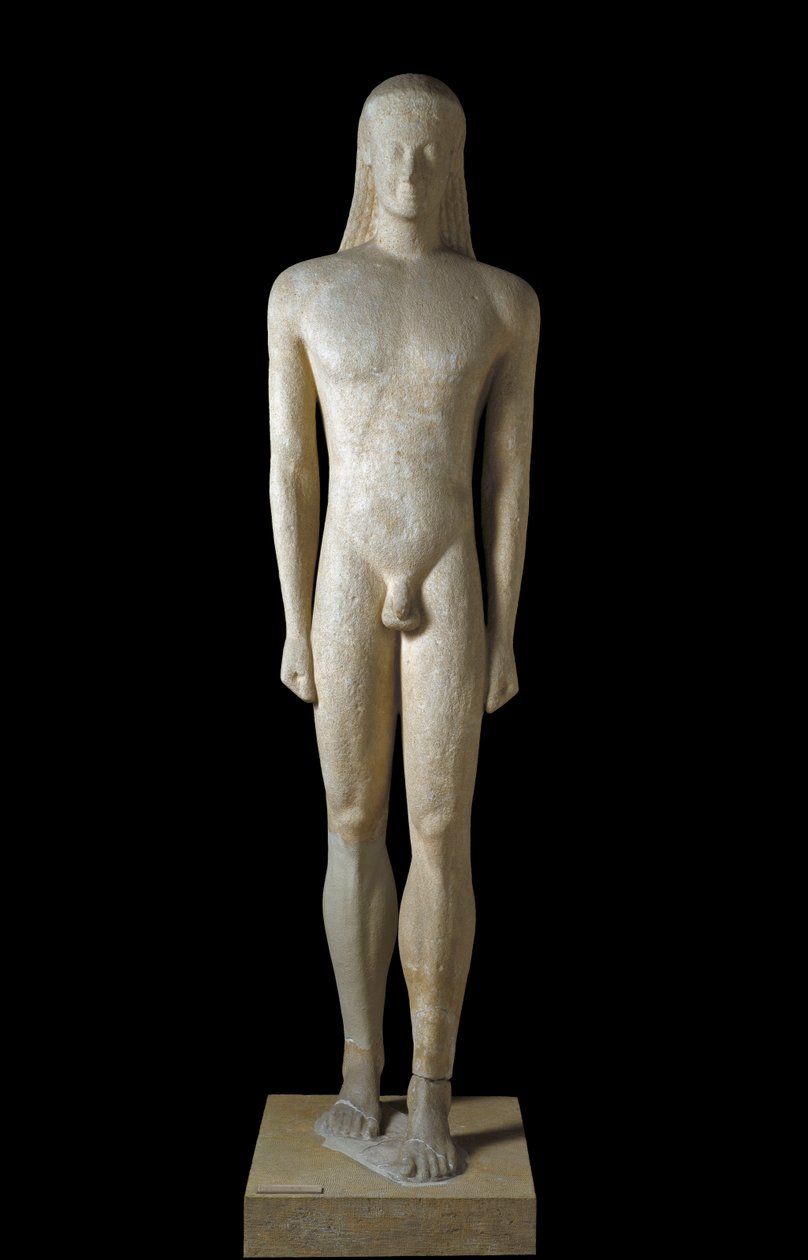 Græsk kunst: statue af Kouros, skulptur af ung mand fra den arkaiske periode (650-500 f.Kr.), 530-520 f.Kr., Fra Melos, Dim. 1,94 m - Athen, Nationalt Arkæologisk Museum - Kouros - Arkaisk græsk skulptur (650-500 f.Kr.), fra Melos, 530-520 f.Kr. (H.194 cm) af Greek