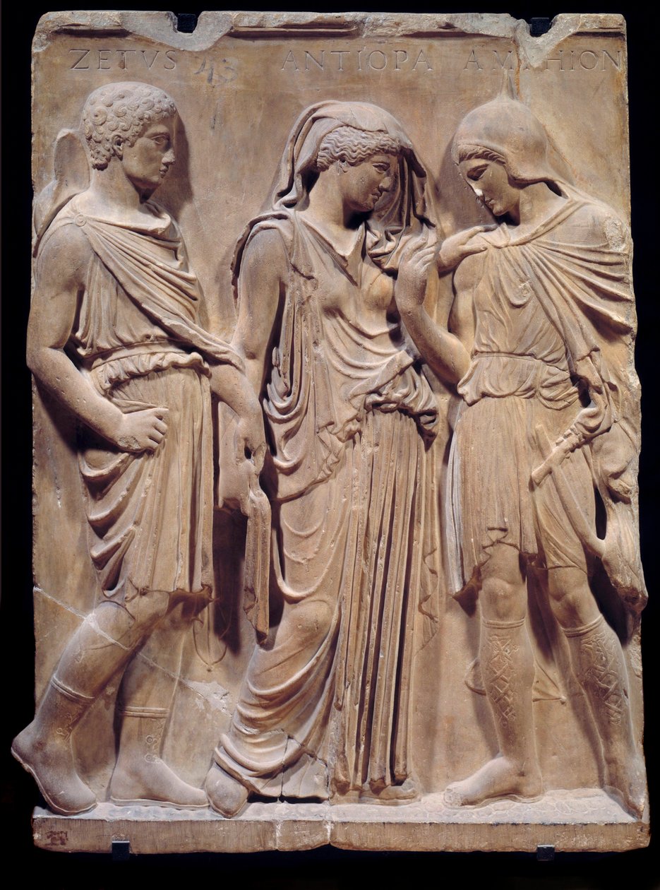 Græsk antikvitet: Orphees farvel til Eurydice, som Hermes er parat til at bringe tilbage til helvede. Inskriptionen med navnene på Zethus, Antiope og Amphion går tilbage til renæssancen. Lavt marmorrelief. 480-323 f.Kr. Søn 1,2 m Paris, Musée du Louv af Greek