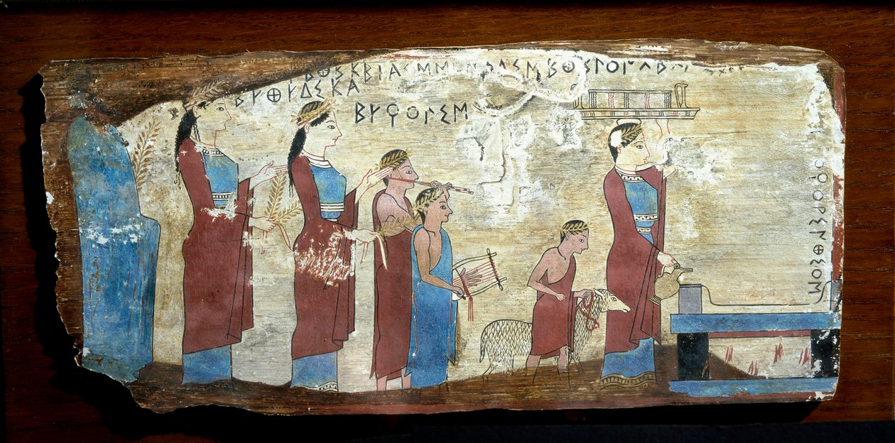Græsk antiquitis: ofring af et lam. Træmaling fra Sicyon i Korinthbugten. 6. århundrede f.Kr. Athen, det nationale arkæologiske museum af Greek
