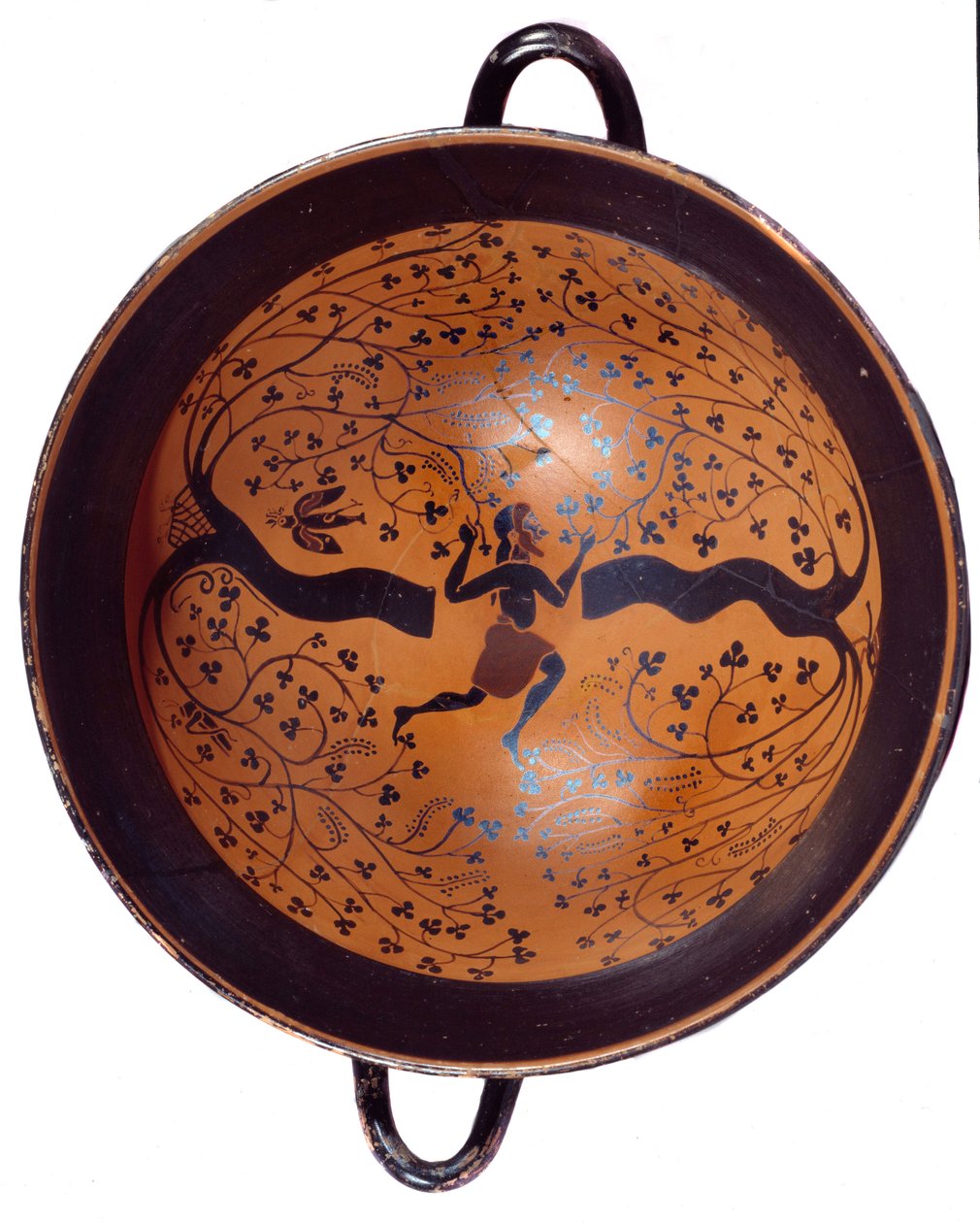Græsk kunst: Ionisk kop i keramik med sorte figurer kendt som "" kop med fuglen"" En mand jager svaler. 550 f.Kr. Søn 0,23 m Paris, Musée du Louvre af Greek