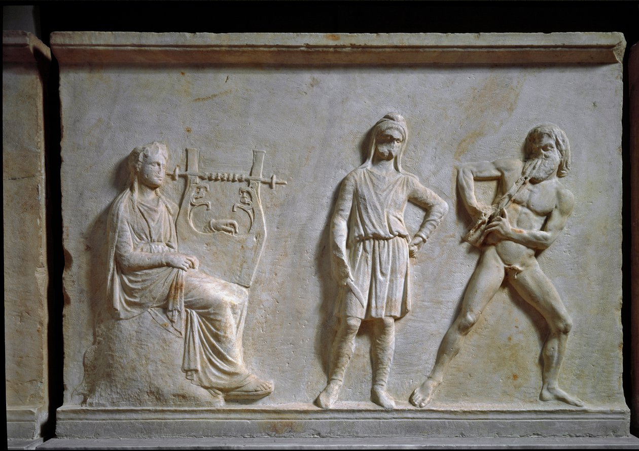 Græsk kunst: musikkonkurrence mellem Apollo og Marsyas (spille aulos og lyre). Lavrelief udskåret i marmor, 320 f.Kr., græsk antikvitet. Nationalmuseet for arkæologi, Athen (Grækenland) af Greek