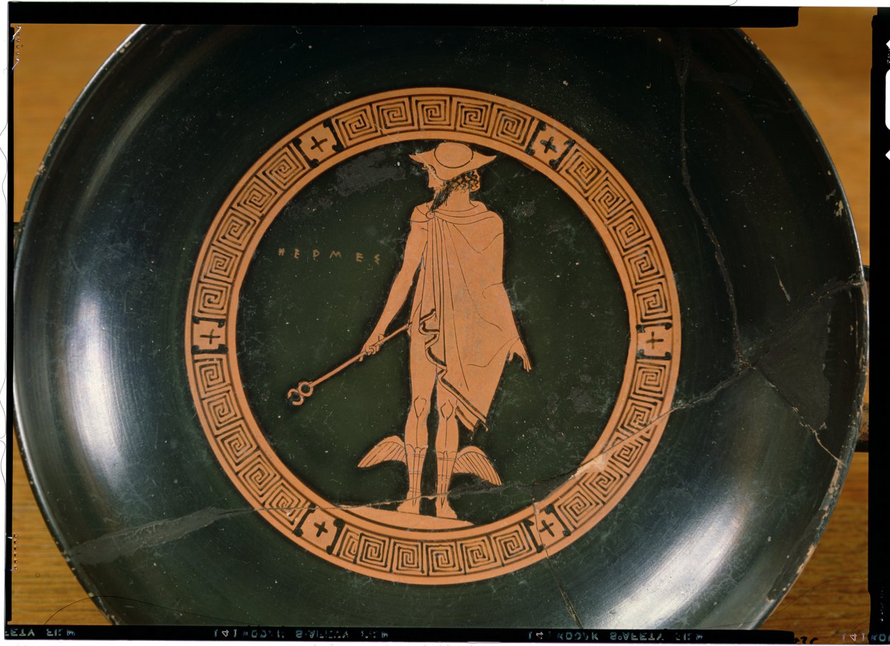Græsk bæger med rød figur, forestillende guden Hermes (keramik) af Greek