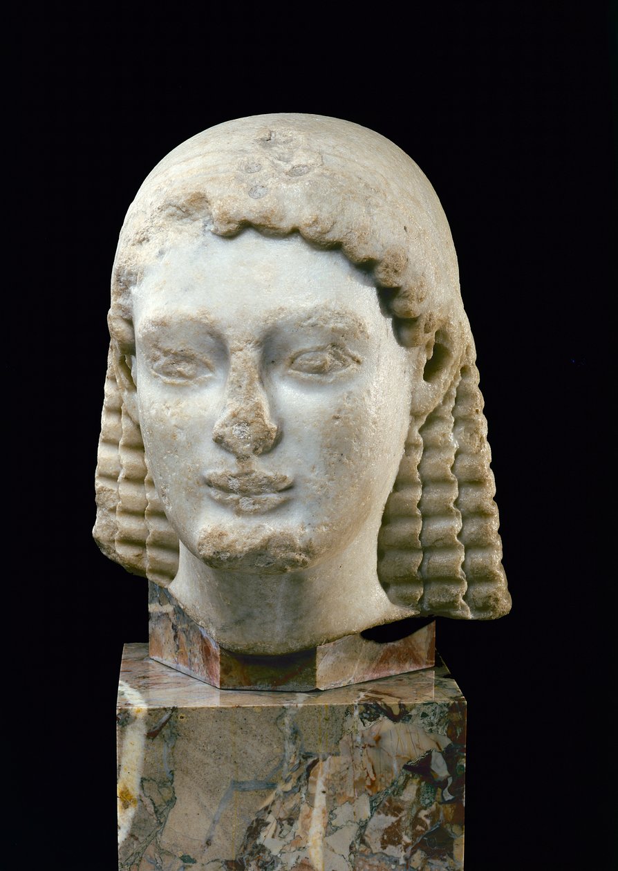 Hoved af en kouros, fra Athen, ca. 510 f.Kr. (marmor) af Greek